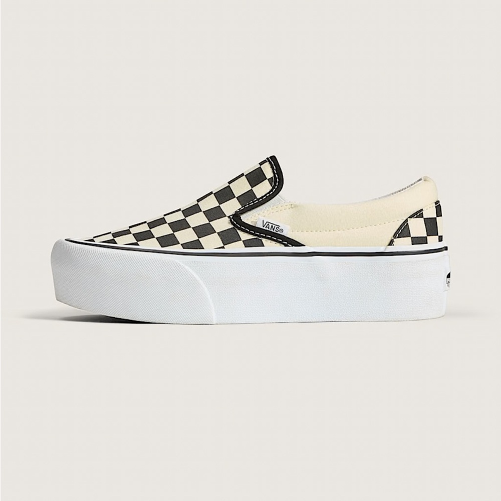 Vans Women's Black and Cream Platform Checkered Slip-On Sneakers